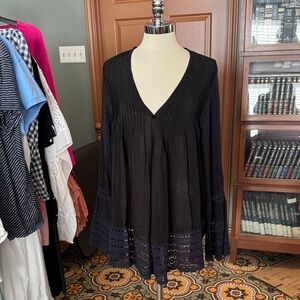 Johnny Was Black V-Neck Crochet Hem Blouse